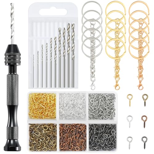 Hand Drill Set for Resin Crafts, Pin Vise Jewelry Making Kit with 10 Drill Bits, 600 Eye Screws, 15 Keychain Rings – Push Drill Tool for Epoxy, Molds, DIY Projects (Pin Vise Hand Drill Set - 1)