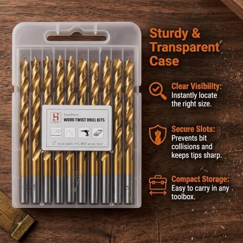 10-Piece 1/4-Inch HSS Brad Point Wood Drill Bits with Storage Case - style: 1/4" Brad Point