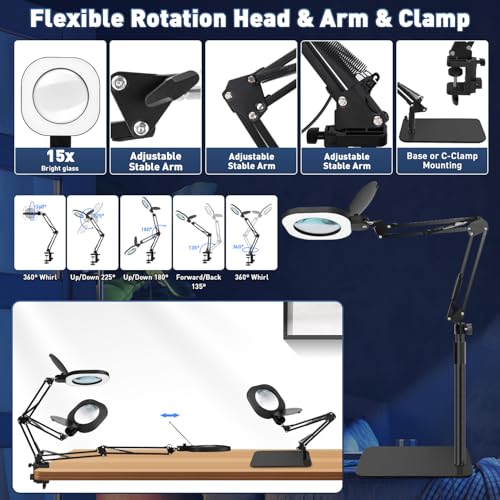 15X Real Glass Standing Magnifying Glass with Light and Stand, 3-in-1 Adjustable Magnifying Floor Lamp & Desk Lamp with Clamp, LED Dimmable Swing Arm Magnifier, Hands Free for Reading Crafts Repair