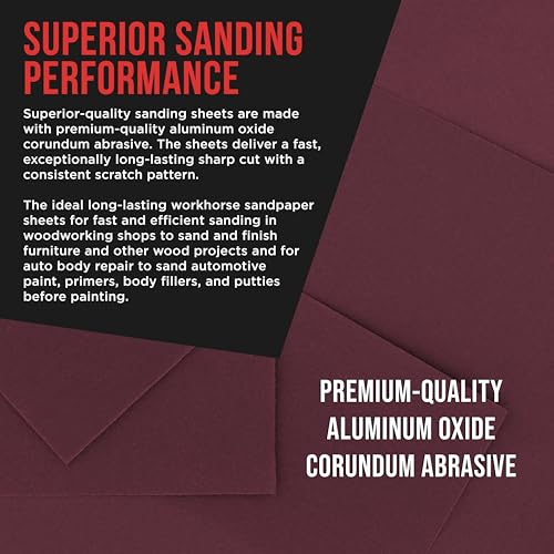ProductionShop Premium Red 180 Grit 1/4 Sheet Size Red Sanding Sheets, Box of 30 - Hook & Loop Backing Sandpaper, Medium-Cut Abrasive - Fits Palm Sanders, Hand Sanding Blocks - Woodworking, Auto Paint - style: 180 Grit