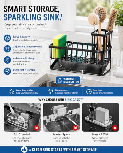 Kitchen Sink Caddy Organizer with Sloped Drain Tray, Black Sponge Holder with Utensil Holder Chopstick Cup, Fast Drain Drying Rack for Brush Soap Dispenser Countertop Storage