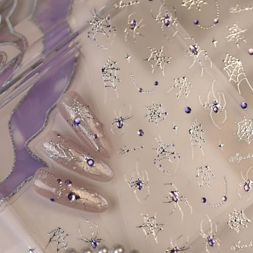 1 Sheet Gothic Halloween Spider Nail Stickers for Nail Art 5D Embossed Self Adhesive Nail Decals Purple Spider Silver Spider Web Spiders Design Halloween Nail Supplies for Women DIY Manicure Decor - color: Purple Diamond Spider