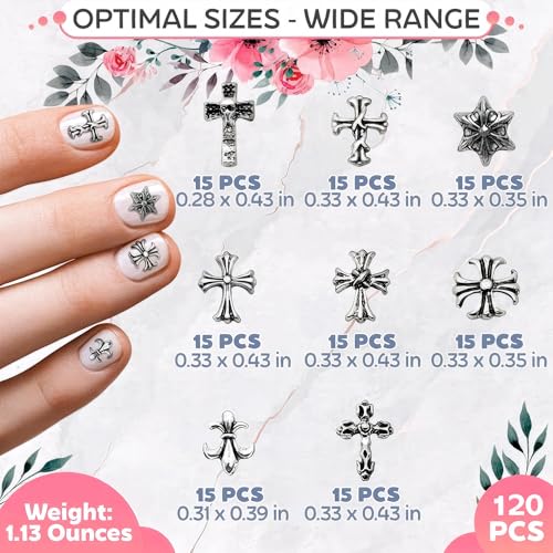 120 Pcs Silver Cross Nail Charms, 3D for Acrylic and Press-On Nails - color: 120 Pcs Silver Cross Nail Charms