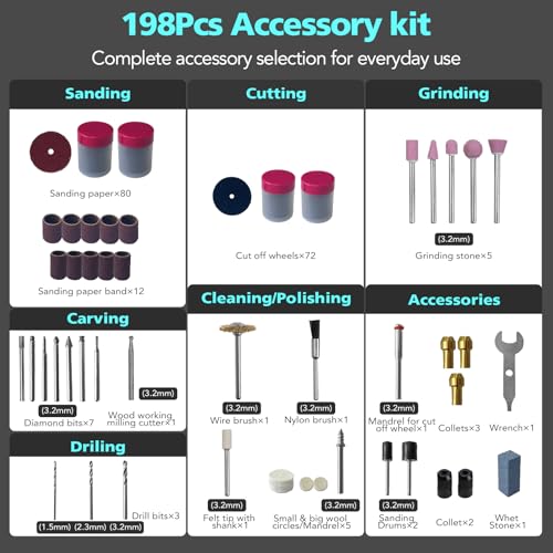 160W Rotary Tool Kit with 195pcs Accessories, Variable Speed, Corded Electric Multifunctional Tool For DIY Crafts, Wood Carving, 3D Printer & Jewelry Making Sanding, Polishing, Drilling