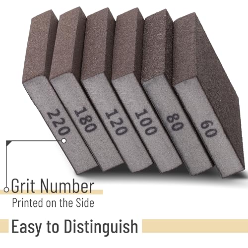 Bates- Sanding Sponge, 12 pcs, 60/80/100/120/180/220 Grit Assortment, Washable and Reusable Sanding Block for Wood, Metal, Drywall, Glazing, Sandpaper Blocks for Smooth Finishing - size: 12 Pack, 60/80/100/120/180/220 Grit
