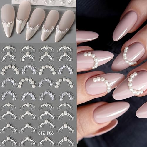 5 Sheets Emboss White Pearl Nail Stickers with Tweezers French Tip Lace Design Decals Romantic Self-Adhesive Slider Manicure Decoration Nail Art Supplies for Women