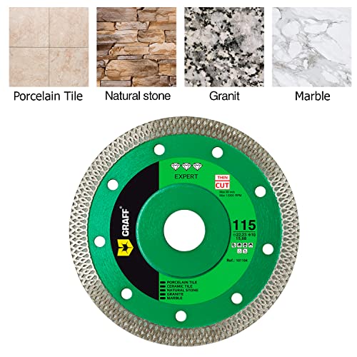 GRAFF Super Thin 4 ½ Inch Porcelain and Ceramic Tile Diamond Blade - Diamond Cutting Wheel for Hard Tile, Ceramic, Natural Stone, Marble, Granite, Porcelain - Diamond Saw Blade for Angle Grinder - size: 1 Pack 4 ½ Inch (115 mm), style: Ceramic Blades