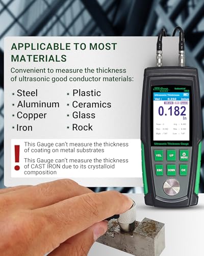 Ultrasonic Thickness Gauge Industrial-882 – Metal Thickness Tester for Steel, Pipes and Industrial Materials, 0.039–8.858 in (1–225 mm) Range, Color LCD, Auto Calibration, Handheld Thickness Tester