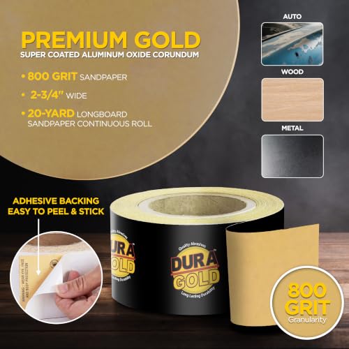 Dura-Gold Gold PSA Longboard Sandpaper, 800 Grit, 20 Yard Roll, 2-3/4" Wide - size: 800-Grit