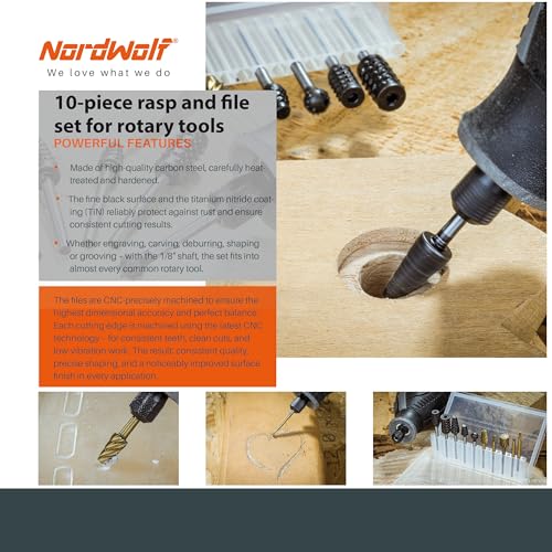 NordWolf 10-Piece Rotary Burr Rasp Files Set for Rotary Tools, with 1/8" Straight Shank for Wood Carving, Deburring, Shaping & Grooving in Storage Case - size: 1/8" Straight Shank (10 Pcs)