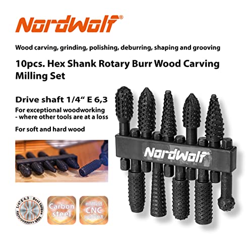 NordWolf 10-Piece Rotary Burr Wood Carving Rasp Files Set, with 1/4" Hex Shank for Wood Deburring, Shaping & Grooving - size: 1/4" Hex Shank (10 Pcs)