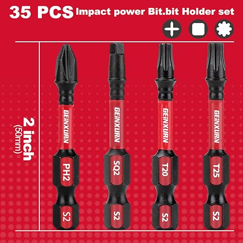 GEINXURN Impact Tough Phillips Square Torx 2 in. Insert Driver Bits, 35Pack Bulk T20/T25/PH2/SQ2 Screwdriver Power Bits Set - size: Mixed-35Pcs-2"