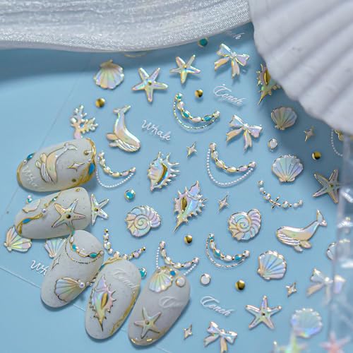 1 Sheet Starfish Nail Art Stickers Holographic Laser Summer Nail Stickers Shiny Shell Light 5D Embossed Starfish Nail Decals Marine Life Dolphin Conch Nails Design Ocean Beach Nail Supplies for Women - style: conch