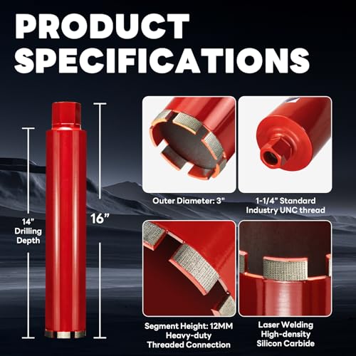 Premium 3" Wet Core Drill Bit for Hard Concrete with High-Density Diamond, Precision-Welded Segments, 1-1/4"-7 UNC x 14" Depth, Industrial Grade for Concrete Rebar, Brick, Masonry, Asphalt - size: 3 Inch