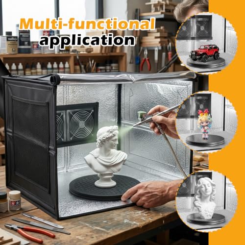 Airbrush Spray Booth Portabe - with LED Lights Turntable & Dual Exhaust Fans – Foldable Airbrush Paint Booth for Makeup, Art Painting, Model 16.8 in Black - size: 16.8in