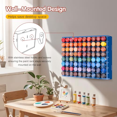 Krafetto 80-Grid Paint Organizer for 2 Oz Bottles, Wall Mount, Blue - color: 1pc blue paint rack