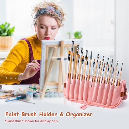 Paint Brush Holder Case for Artists, 22-Slot Paint Brush Case Pop-Up Stand - color: Pink, size: Medium 6*11"