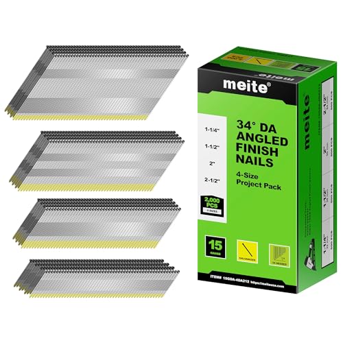 meite 15 Gauge Angled Finish Nails Galvanized DA Style 4 Sizes Set 2,000PCS - size: 4 Sizes Pack (1-1/4”, 1-1/2“, 2”, 2-1/2)"