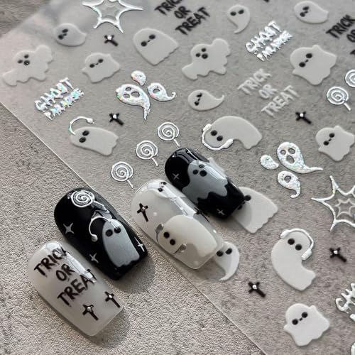 1 Sheets Halloween Nail Stickers for Nail Art Cute Music Ghost 5D Embossed Self Adhesive Nails Decals Gothic Silver Ghost Nails Supplies Spider Web Manicure Design for Women Nails Decoration - color: Halloween Spider Web