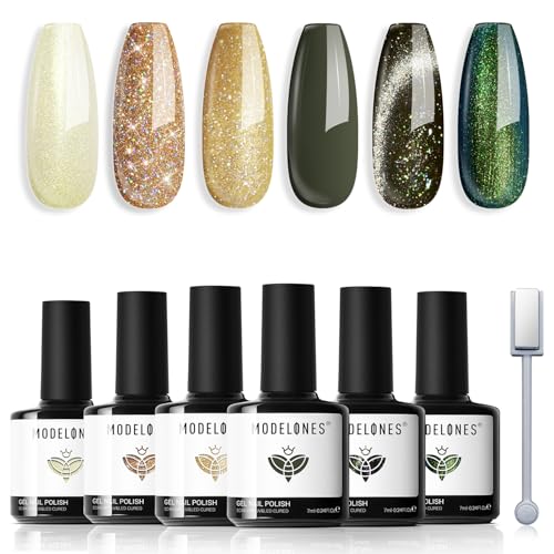 modelones Green Gel Nail Polish Set, 6 Colors Cat Eye Giltter with Magnet - color: A-1-Emerald Lime