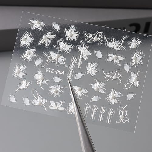 5 Sheets Emboss White Pearl Nail Stickers with Tweezers French Tip Lace Design Decals Romantic Self-Adhesive Slider Manicure Decoration Nail Art Supplies for Women
