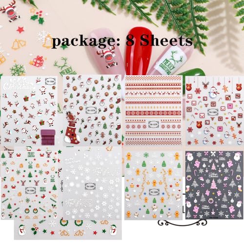 8 Sheets Christmas Nail Stickers for Nail Art, 3D Self-Adhesive Nail Decals - color: Christmas B