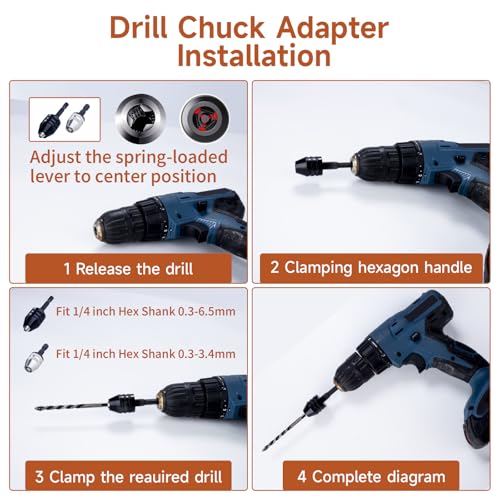 2 Pack Keyless Drill Chuck Adapter 1/4 Hex Shank for Impact Driver, Dremel, Hand Drill - Universal Drill Chuck with Magnetic & Hammer Drill Features, Black Sizes 0.3-6.5mm & Silver Sizes 0.3-3.4mm