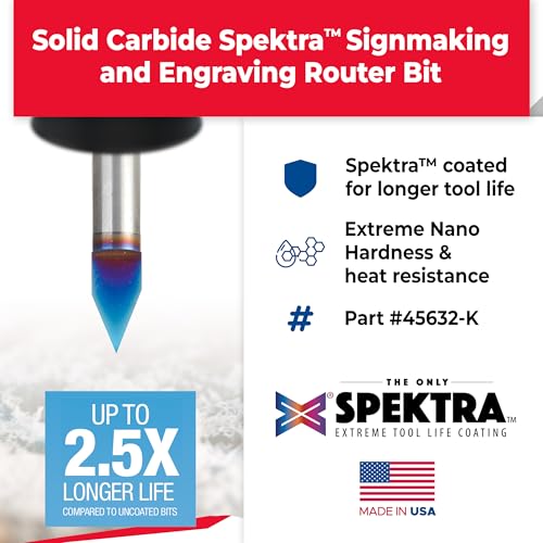 Amana Tool 45632-K Solid Carbide Spektra Extreme Tool Life Coated 45 Degree Engraving 0.005 Tip Width x 1/4 SHK x 2 Inch Long Signmaking Router Bit - size: 45632-K