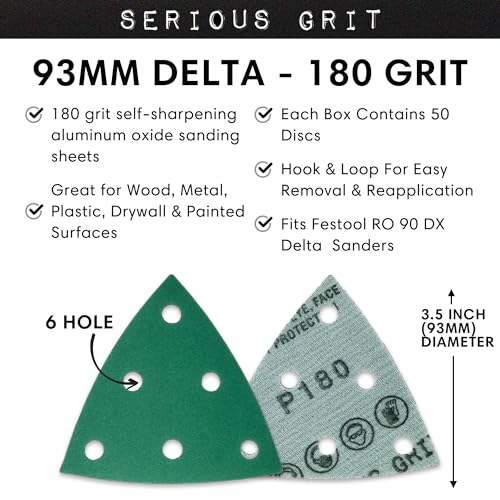 Serious Grit - 93mm 6-Hole P180 Grit Triangle Sanding Sheets - 50 Pack Box - style: 180 Grit