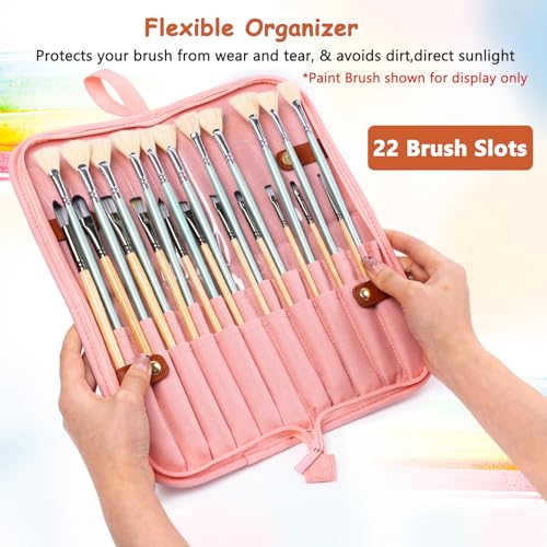 Paint Brush Holder Case for Artists, 22-Slot Paint Brush Case Pop-Up Stand - color: Pink, size: Medium 6*11"