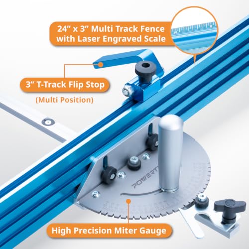 POWERTEC 71391 Table Saw Precision Miter Gauge System w/ 27 Angle Stops and 3/4”x 3/8”T-Slotted Miter Bar w/Removable T-Slot Plate; Includes 24”x 3” Multi T–Track Fence w/Scale, T-track Flip Stop - style: 27 Angle Stop Miter Gauge Set