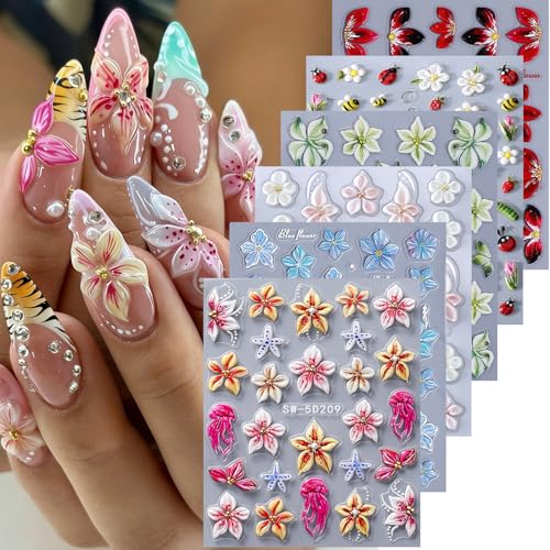 Flower Nail Art Stickers Decals 6 PCS 5D Embossed Hibiscus Decals for Nails Art Lily Hibiscus Starfish Jellyfish Daisy Bee Ladybugs Designs Summer Tropical Floral Nail Decoration for Women - style: 5D Hibiscus Flower