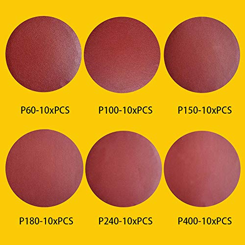 60 PCS 5 Inch NO-Hole PSA Aluminum Oxide Sanding Disc, Self Stick(10 Each of 60 100 150 180 240 400 Grit) Brown - style: 5 Inch