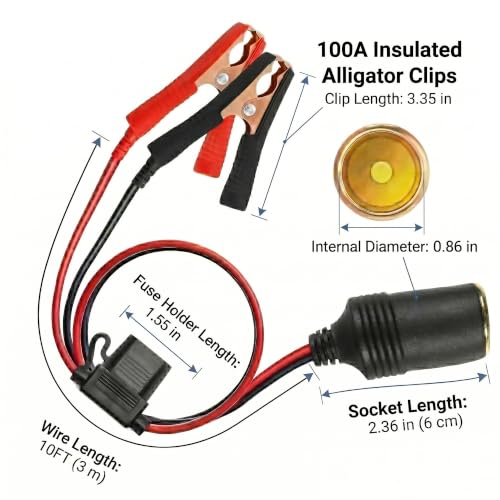 12V Cigarette Lighter Adapter to Battery Alligator Clips 10FT - size: 10FT