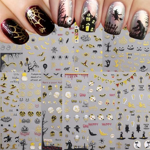 12 Sheets Halloween Nail Stickers for Nail Art,3D Self-Adhesive Nail Decals - color: Halloween Golc