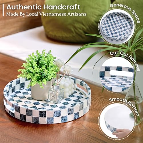 CHI AN HOME 12.6" Capiz Shell Round Decorative Tray with Handles, Navy Blue - color: Navy Blue