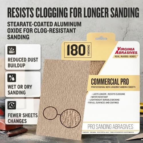Sandpaper Sheets Commercial Pro, 180 Grit, Fine, 9” x 11”, 20 Pack