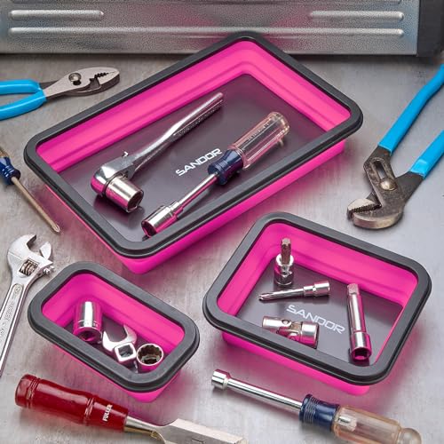 Collapsible Magnetic Parts Tray Set - 3 Different Size Tool Trays - Pink - color: Pink