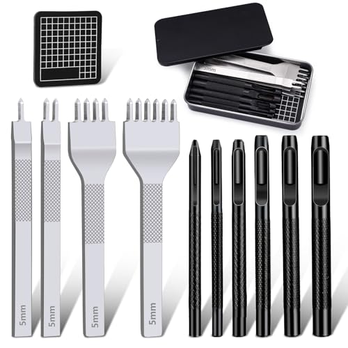 Leather Stitching Punch Hole Punch Tool Set, 5mm 1/2/4/6 Prong Punch Chisel - size: 5MM-12Pcs