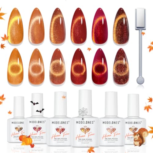 modelones Fall Cat Eye Gel Nail Polish, Brown Orange Red Yellow, Hema-Free - color: A A A1 Autumn Cat Eye Set