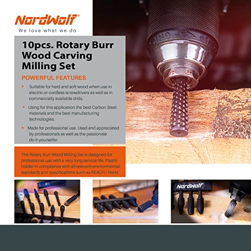 NordWolf 10-Piece Rotary Burr Wood Carving Rasp Files Set, with 1/4" Hex Shank for Wood Deburring, Shaping & Grooving - size: 1/4" Hex Shank (10 Pcs)
