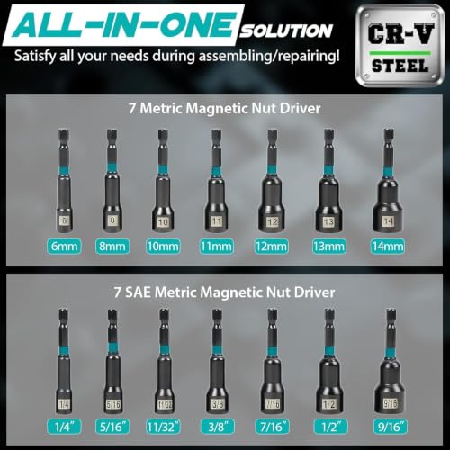 21-Pc Impact Magnetic Nut Driver Set, 1/4" Hex Bits Sockets SAE/Metric - size: 21-Pc Magnetic Nut Driver Set