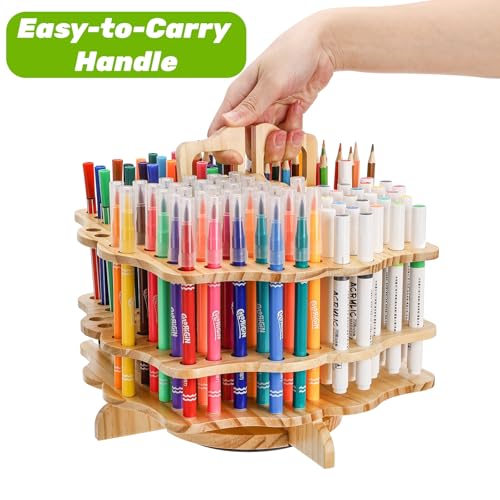 Peohud Wooden Pen Holder, 124 Slots Rotating Pencil Display Stand, Portable Paint Brush Organizer for Colored Pencils, Watercolor Brushes, Art Brushes, Office, Desktop