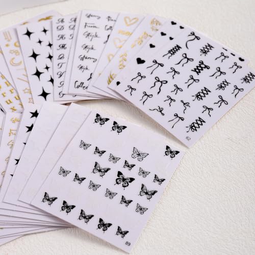 3D Nail Art Stickers Set, 30 Sheets Self-Adhesive Black White Gold Nail Decals Kit with Tweezers Star Heart Flower Letter Bow Design Supplies Accessories for Women DIY Manicure Decoration