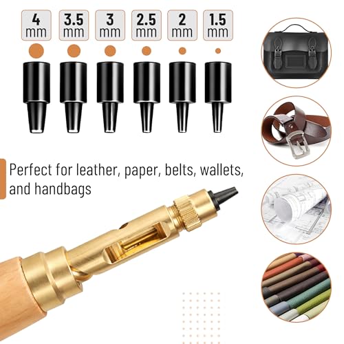 UNCO- Adjustable Leather Hole Punching Tool, 6 Sizes (1.5-4mm), Japanese Style Automatic Puncher with Wooden Handle, Hollow Hole Punch for Leather Belt, Bag, Wristband, Watch Strap, Shoe, Craft & DIY