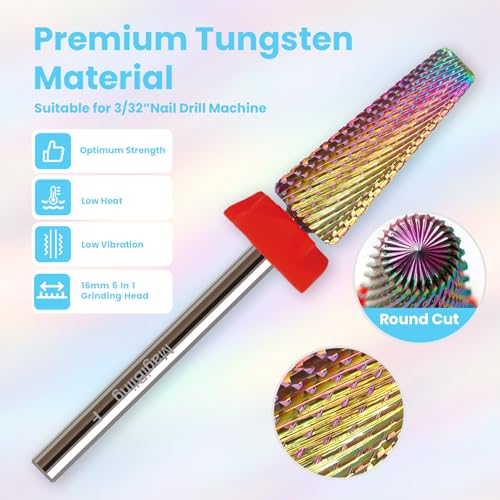 Fine 16mm Long 5-in-1 Nail Drill Bit, Rainbow, 3/32", Two-Way Rotation - color: Multicolor-16mm Long, size: Fine