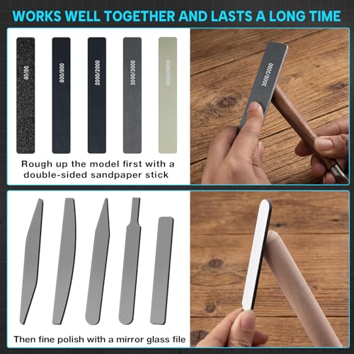 Honoson 25 Pack Hobby Model Polishing Hand Files Tool Set 5 Pcs #10000 Grit Glass Polishing Files and 20 Pcs Sanding Sticks Tool for Metal Wood Model Craft(Low Grits and High Grits,Classic Style) - style: Classic Style