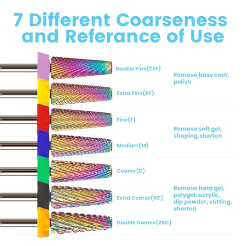Fine 16mm Long 5-in-1 Nail Drill Bit, Rainbow, 3/32", Two-Way Rotation - color: Multicolor-16mm Long, size: Fine