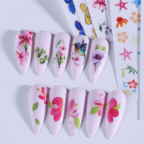 3D Flower Nail Stickers Decals 12 Sheets Spring Summer Floral Butterfly Ocean Nail Art Decals Self-Adhesive Tropical Hibiscus Fish Sea Star DIY Nails Decoration Manicure Accessories for Women - style: Tropical Flower