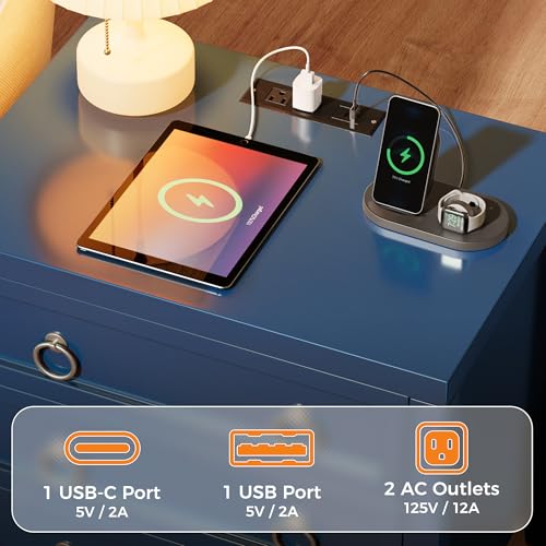 Huuger Paint Night Stand with Charger Station, 3 Drawer Nightstand Set of 2 - color: Blue